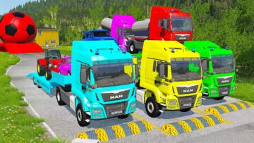 TRANSPORTING PIXAR CARS & FRUITS WITH COLORED & JOHN DEERE vs CLAAS vs TRACTORS – BeamNG.drive #962
